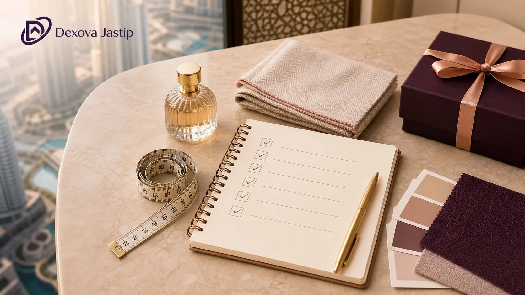 Buku checklist, meteran, contoh warna, parfum, kain, dan kotak hadiah dengan identitas Dexova Jastip