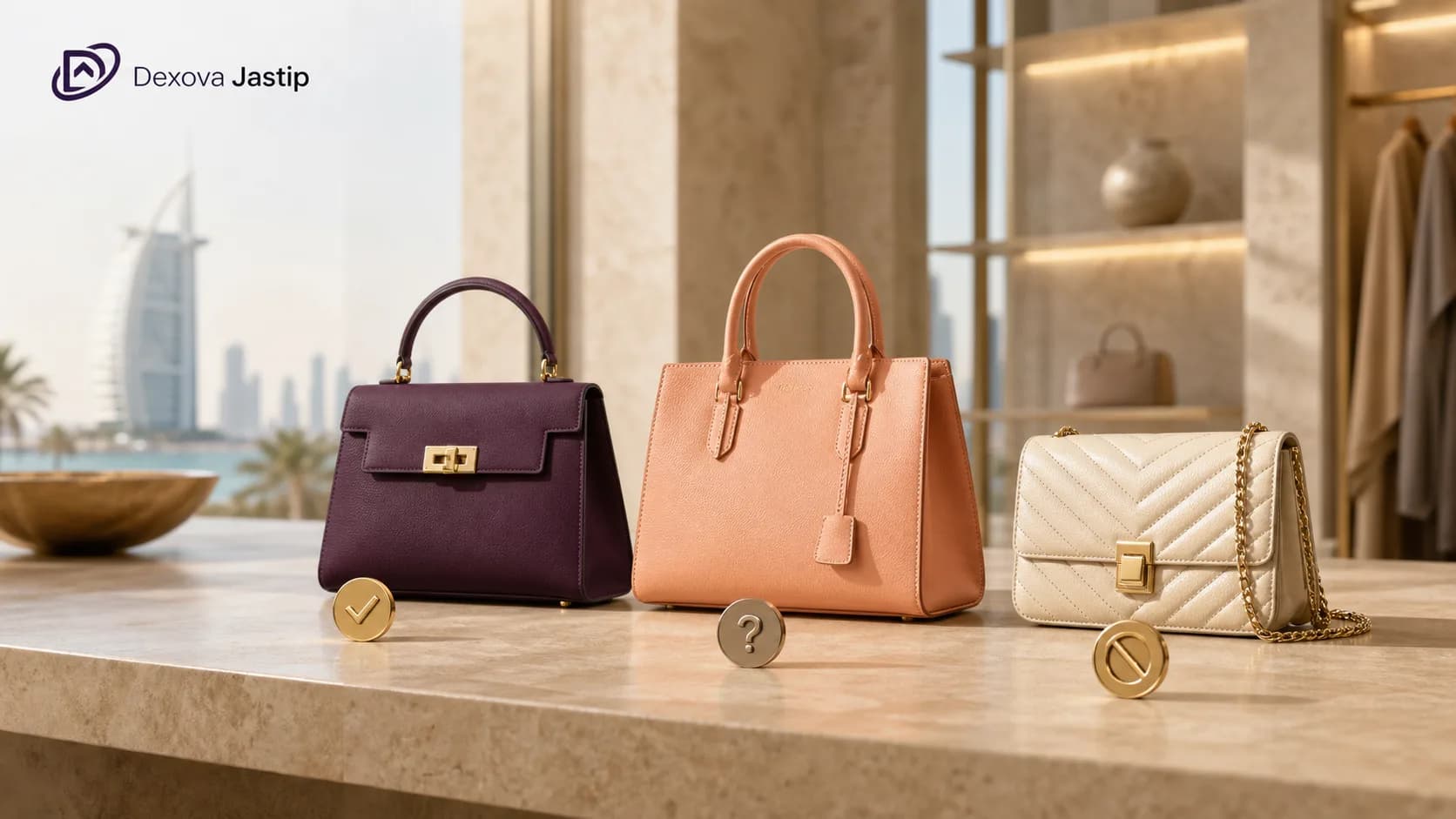 Tiga tas warna plum, peach, dan krem sebagai pilihan pengganti dengan identitas Dexova Jastip