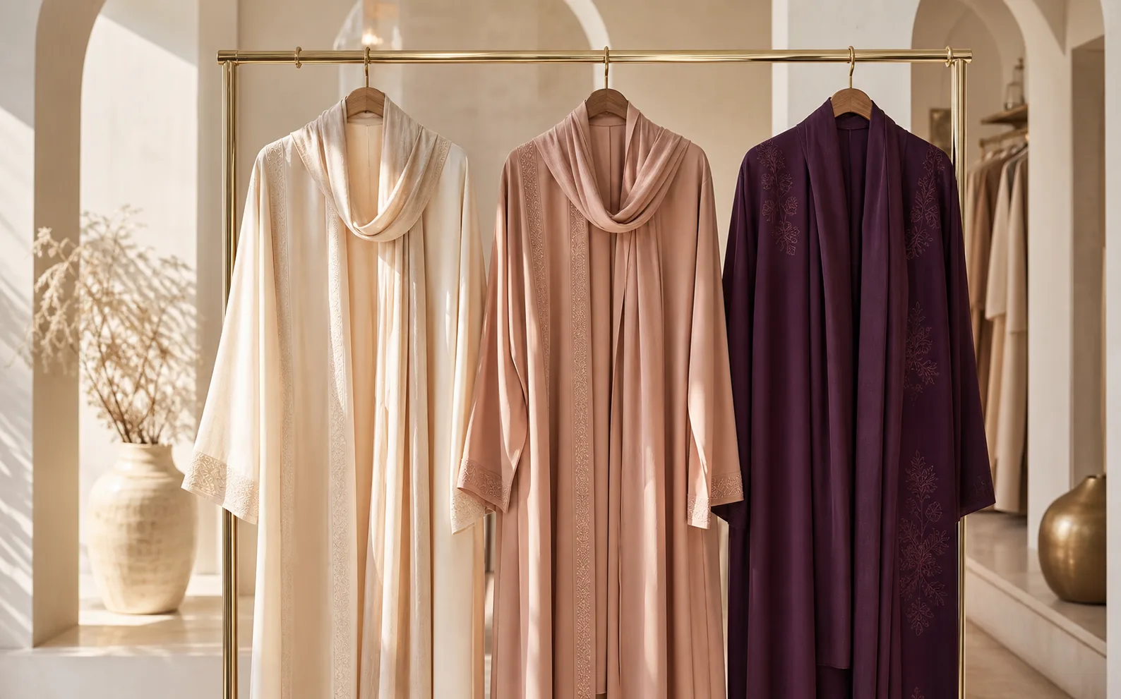 Tiga abaya berwarna krem, peach, dan plum di butik Dubai