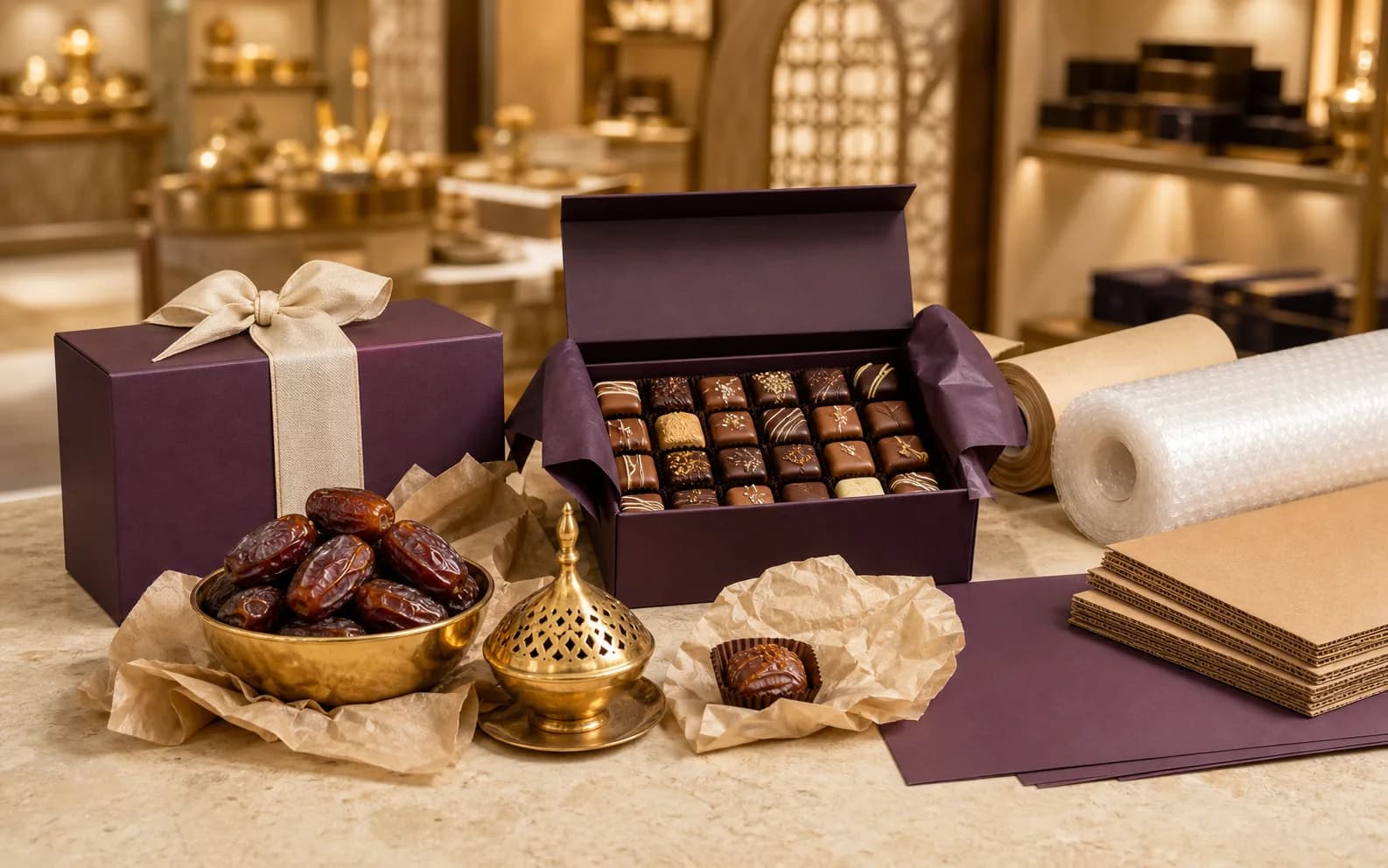 Kotak cokelat, kurma, dan kemasan hadiah bernuansa Dubai